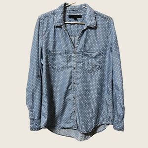 Tensel Polka Dot Chambray Long Sleeve Button Up Top Size Large